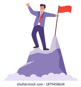 Successful leader.Achieving success. Schieve the goal top of the mountain.Happy businessman with a flag on mountain peak.Targets achieved.Winner character man in a tie.Vector flat illustration.