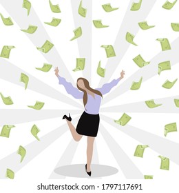 Successful and lucky winner, woman win lottery. Money rain. Vector rain dollar, rich businesswoman, earning cash, financial fortune, wealthy and jumping, happy girl dancing under rain illustration