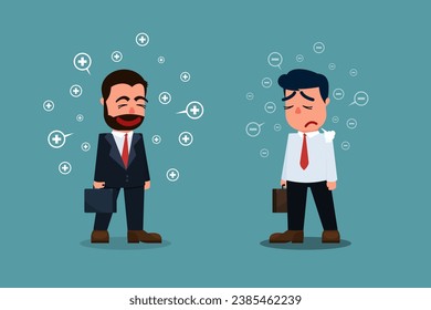 A successful male business executive with positive energy is smiling at an employee with negative energy. Businessman with good energy and burnt out businessman. Positive business concept