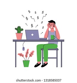 Successful male freelancer works at home. Vector illustration in flat style