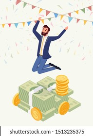 Successful male millionaire vector character. Happy jumping man, honorarium payee, businessman wearing suit, cash prize owner isometric illustration. Luck and profit, lottery jackpot concept