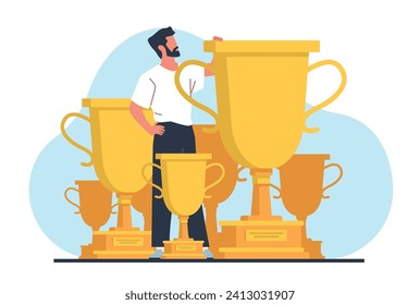 Successful man among his accomplishments and golden cups. Award goblets. Business victory. Male leadership. Businessman success. Person achievements. Honor and pride. Vector concept