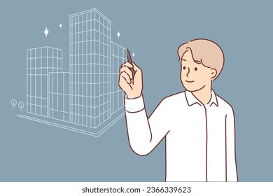 Successful man architect draws buildings on virtual screen, coming up with project for new downtown with skyscrapers. Guy architect in white shirt comes up with ambitious plan for business center