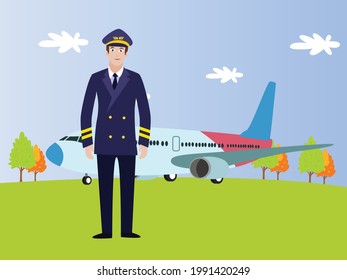 Successful man becoming a pilot with airplane background