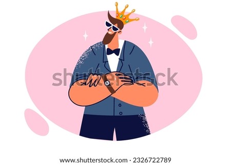 Successful man boss in crown stands with arms crossed demonstrating confidence and ambition to achieve goal. Cool guy working as CEO of successful company posing in golden crown and sunglasses