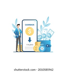 Successful man in business suit with cashback application on smartphone. Rich guy and big wallet with cash, gold coins. Replenishment of funds, balance. Refunds from purchases to bank account.