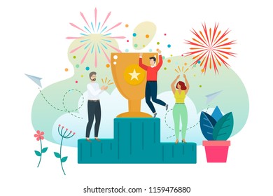 Successful man celebrating success. Man wins a prize and accepts congratulations standing on the podium. Vector
