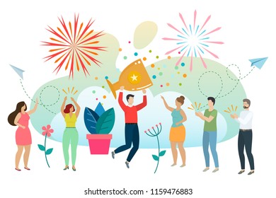 Successful man celebrating success. Man wins a prize, achieves a goal, businessman has success and glory. Vector