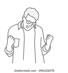 Successful man with clenched fists rejoices at success. Hand drawn vector illustration.