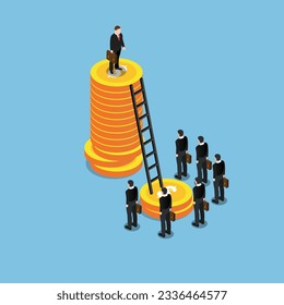 Successful man climbs stack of coins looking down less successful businessman isometric 3d vector illustration concept for banner, website, illustration, landing page, flyer, etc