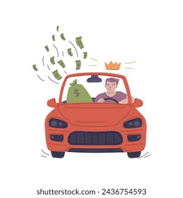 Successful man with crown above head drives the red cabriolet car. Huge bag of money, flying cash. Positive self esteem and wealth. Business leadership and finance achievement. Vector illustration