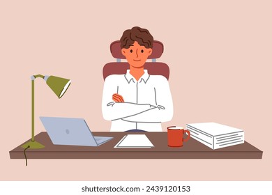 Successful man entrepreneur sits at desk with papers and laptop, crossing arms as sign of self-confidence. Young guy entrepreneur building business in legal or accounting industry.