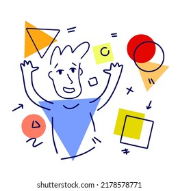 Successful man and geometric shapes. Funny modern joyful character. Abstract Figure Square, Circle and Triangle. Outline cartoon
