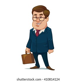 successful man in glasses, suit, with briefcase, happy, cartoon character, businessman, lawer, vector illustration