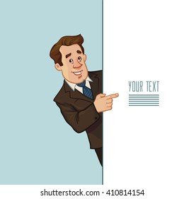 successful man, happy, cartoon character, pointing to something, businessman, lawer, for your design, vector illustration