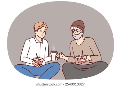 Successful man is having lunch with homeless person treating needy person with food for concept of social inequality. Homeless man asks for advice about businessman in hope of improving life