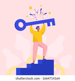 Successful man holding a big key to open new solutions. Concept flat vector illustration.