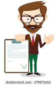 Successful Man Holding a Document in Which All Approved, Validated, Agreed. The Document Put the Green Check Mark, Flags. Vector Illustration