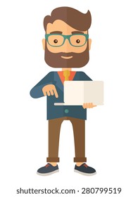 A successful man holding a laptop. A man with laptop. A Contemporary style. Vector flat design illustration isolated white background. Vertical layout