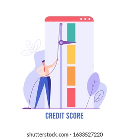 Successful man increasing credit rating. Concept of credit score, banking, good or bad bank rating. Vector illustration in flat design for UI, web banner, mobile app