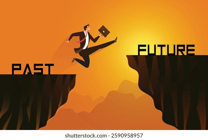 Successful man jumps over a cliff with the text Future at sunset, concept. Leap from past to future, creative idea. Rock at sunrise .vector,illustration
