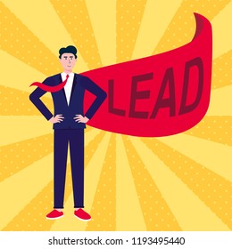 Successful man, leader, businessman in suit and red cape with LEAD text flat style design vector illustration isolated on rays background. Concept of leadership and success in business career growth.