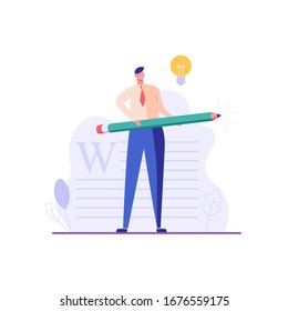 Successful man with a pencil writing or editing a text. Concept of copywriting, journalism, writing, copyright idea. Vector illustration in flat design.