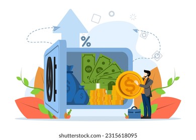 Successful man putting money in safe with coins and portfolio. Concept of bank account, banking, deposit, bank security, safety. Vector illustration in flat design for UI, web banner, mobile app