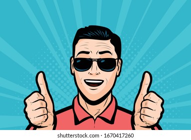 Successful man showing thumbs up. Retro comic pop art vector illustration