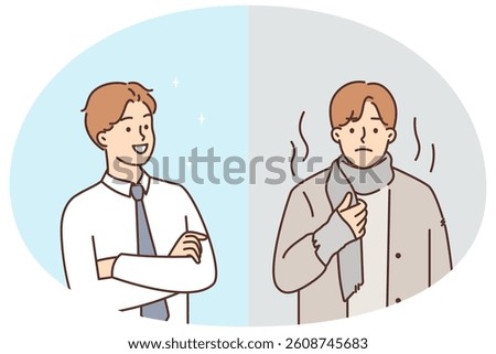 Successful man standing with arms crossed smiling while standing near homeless human. Unhappy homeless guy in shabby warm jacket and scarf is sad because of lack of money and successful in life