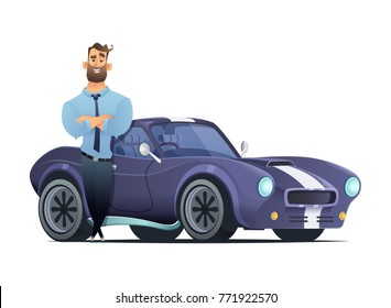 Successful Man Standing In Front Of A Sports Car. Seller Or Owner Of A Automobile. VCartoon Style Vector Illutration.