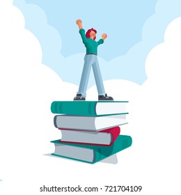 Successful man standing on big book stack and celebrating his victory. Vector concept illustration.