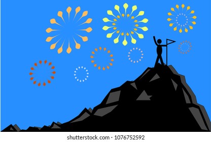 A successful man standing on top of the mountain. Cheerful and joyful man on top of mountain cerebrating his success when accomplish goals. Cerebrating with fireworks in the sky background.