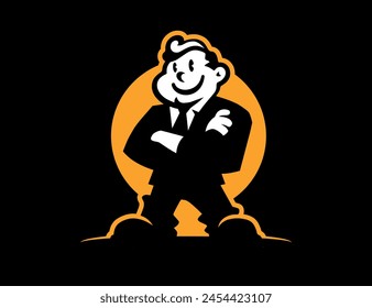 A successful man stands happy. The perfect man's logo. Black background.