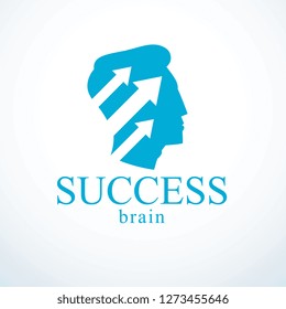 Successful man vector logo or icon design. Man head profile with arrows moving up. Businessman or entrepreneur concept.