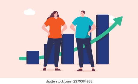 Successful man and woman vector - Two successful people in business standing proud in front of rising chart with green arrow pointing up towards growth and financial profits. Flat design