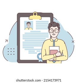 Successful man work applicant. Experience at interview. The concept of job search, and hiring. CV with all filled form application. Employment, recruitment, hiring. Flat design. Vector illustration.