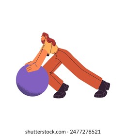 Successful management strategy concept. Woman rolls round geometric shape. Office worker pushes circle. Employee overcomes challenges with winning solution. Flat isolated vector illustration on white