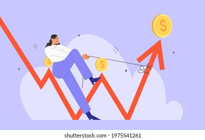 Successful manager or business woman leads a company out of crisis. Vector illustration with a financial arrow going up. 