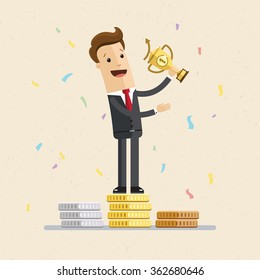 Successful manager or businessman. A man in a suit stand on a pedestal and hold a prize.  Vector EPS10.
