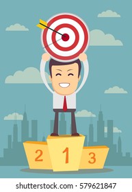 Successful manager or businessman. A man in a suit stand on a pedestal and hold a target with arrow. Vector EPS10.