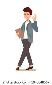 Successful manager showing ok. Male character. Businessman character. Animate persona. Different man postures. Vector personage.