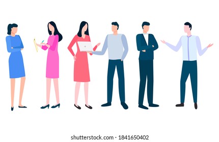 Directores exitosos dirigiendo conversaciones, hombres y mujeres discutiendo temas de negocios. Vectores discutiendo cómo escribir un plan de negocios, cooperación de intermediarios