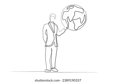 successful man.business person holding globe.business success.continuous line vector