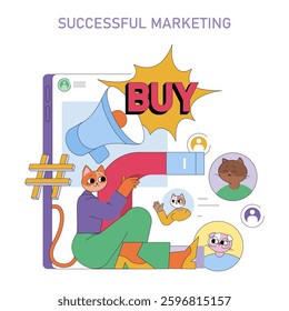 Successful marketing concept. Illustrates a playful approach to drawing customer attention through catchy visuals and engaging communication. Emphasizing connection with the audience through a fun