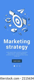 Successful Marketing Strategy With Arrow In Aim Bullseye Profit Calculation Chart Graph Business Corporate Development Mobile Banner Isometric Vector Illustration. Positive Planning And Analyzing