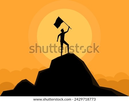 Successful men raise flags on top of mountains. Vector 