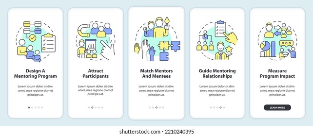 Successful mentoring process onboarding mobile app screen. Walkthrough 5 steps editable graphic instructions with linear concepts. UI, UX, GUI template. Myriad Pro-Bold, Regular fonts used