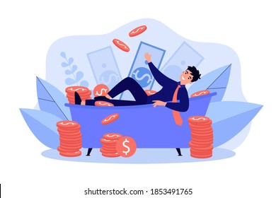 Successful millionaire bathing in money isolated flat vector illustration. Cartoon happy rich character surrounded with dollar and coins. Wealth and success concept