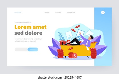 Successful millionaire bathing in money isolated flat vector illustration. Cartoon happy rich character surrounded with dollar and coins. Wealth and success concept